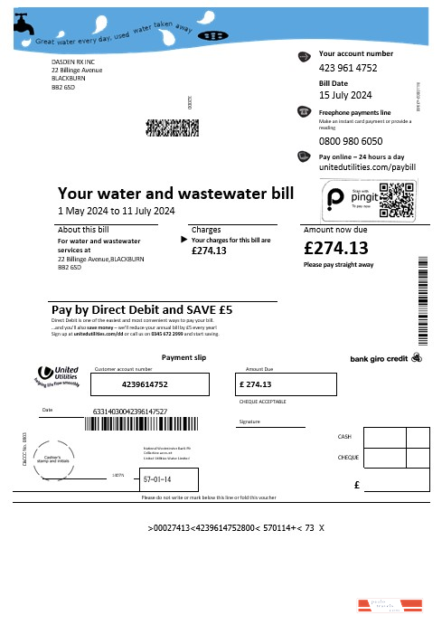 United Kingdom United Utilities water business utility bill template in Word and PDF formats